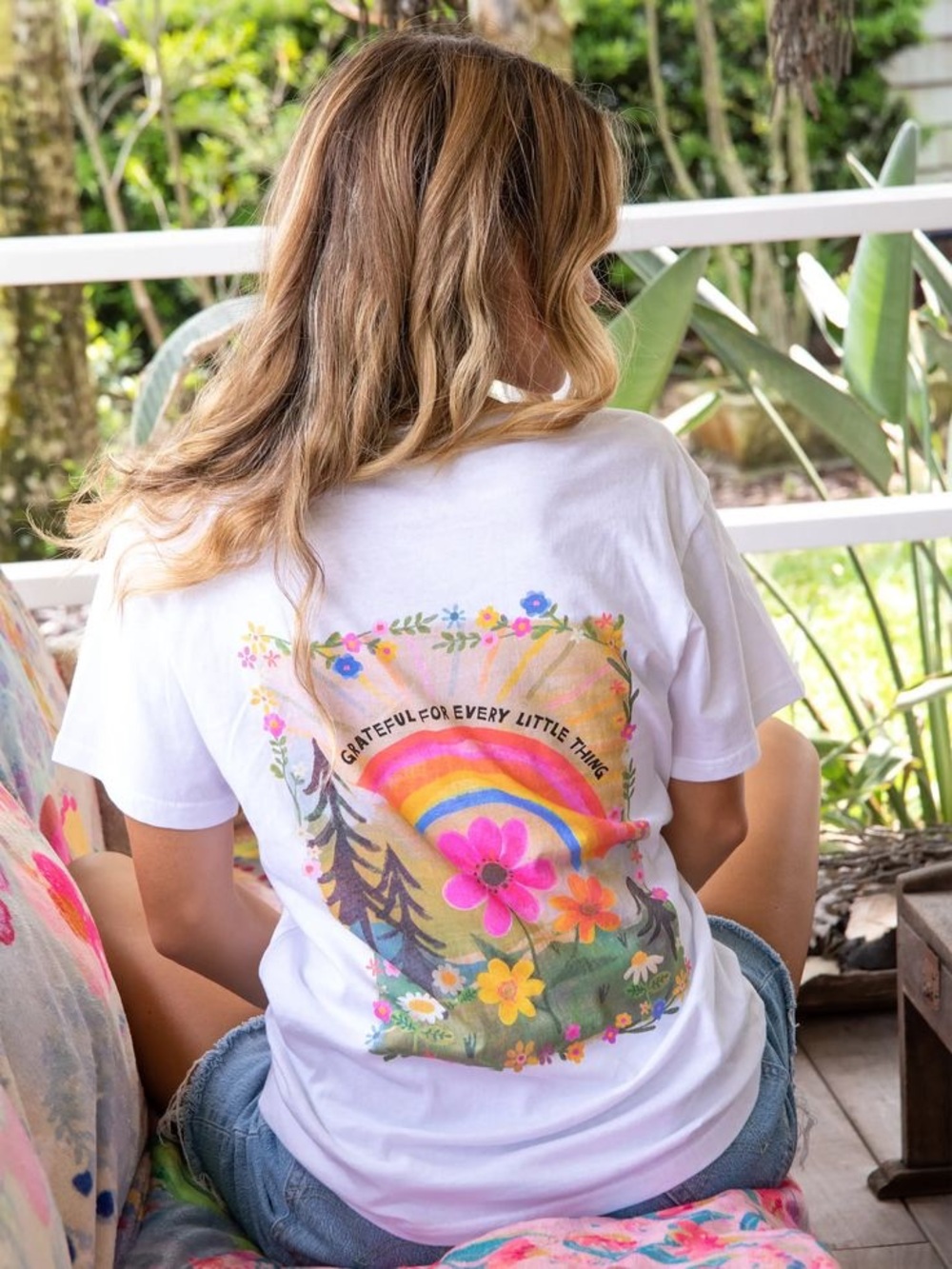 NATURAL LIFE White Tee with Rainbow Floral Back Graphic